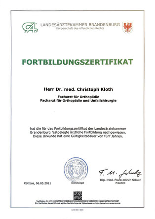Zertifikat Facharzt für Orthopädie und Chirurgie Dr. Christoph Kloth