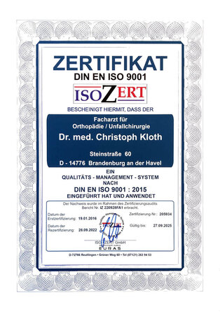 Zertifikat ISO - Unser Arzt Dr. Christoph Kloth verfügt über ein fundiertes medizinisches Wissen und eine solide Ausbildung